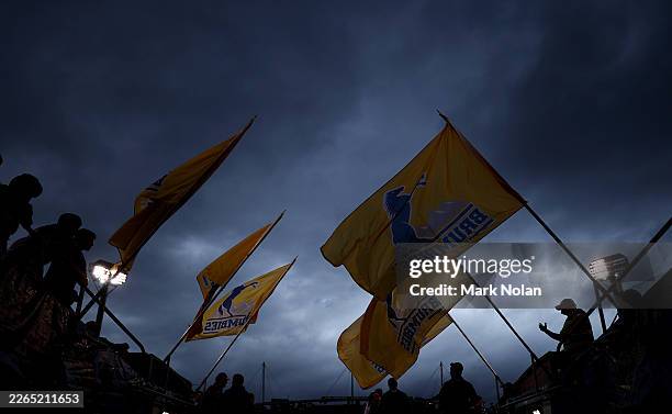 The Brumbies flags are pictured before the round four Super Rugby match between ACT Brumbies and Queensland Reds at GIO Stadium, on March 07 in...