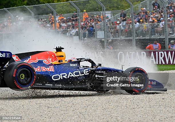 Max Verstappen of the Netherlands driving the Oracle Red Bull Racing RB22 Red Bull Ford crashes out during qualifying ahead of the F1 Grand Prix of...