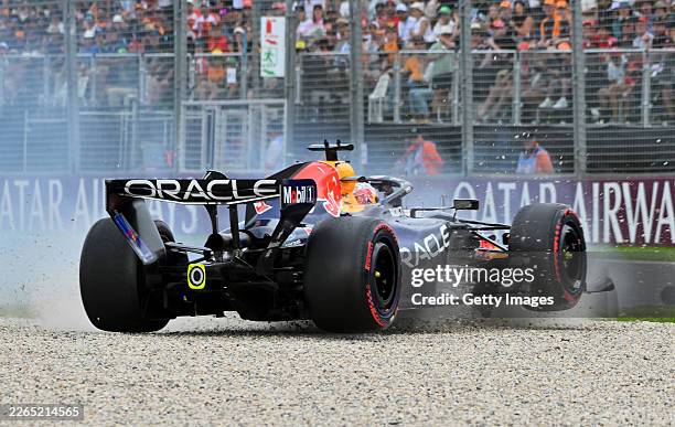 Max Verstappen of the Netherlands driving the Oracle Red Bull Racing RB22 Red Bull Ford crashes out during qualifying ahead of the F1 Grand Prix of...