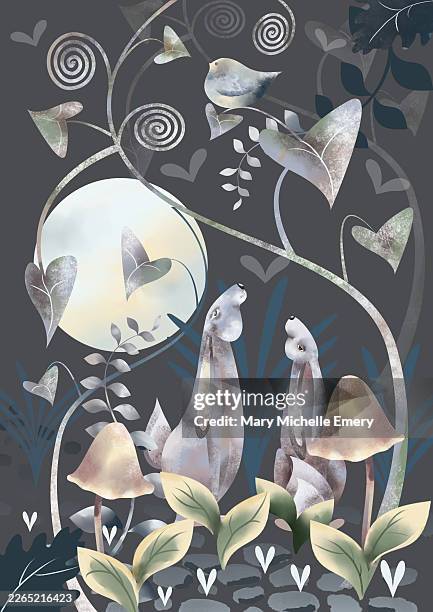 moonlight hares in forest with mushrooms - couple springtime stock illustrations
