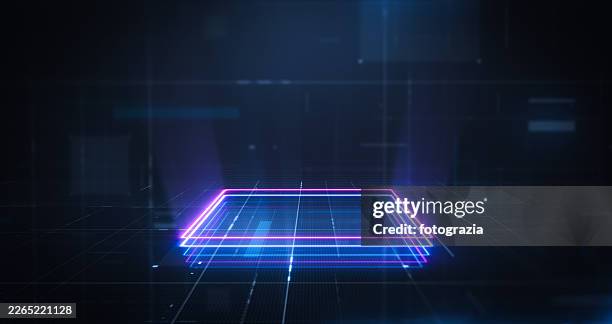 futuristic neon platform on dark technology interface background - metaverse stockfoto's en -beelden