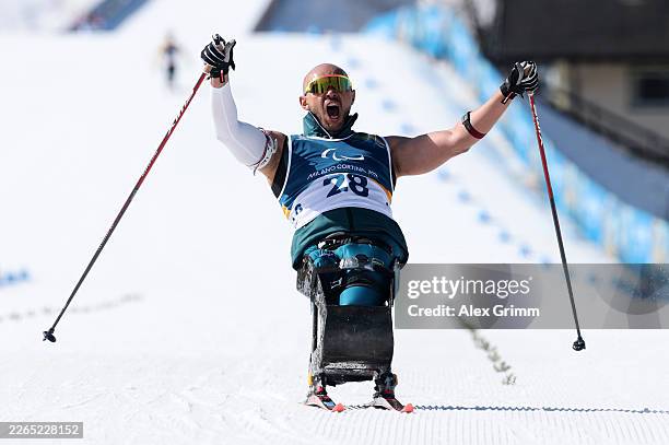 Robelson Lula of Team Brazil reacts during the Para Biathlon Men's Sprint Sitting on day one of the Milano Cortina 2026 Winter Paralympic Games at...