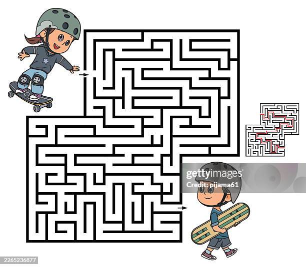 maze vector illustration drawing for kids. skateboarding children - kid discover stock illustrations