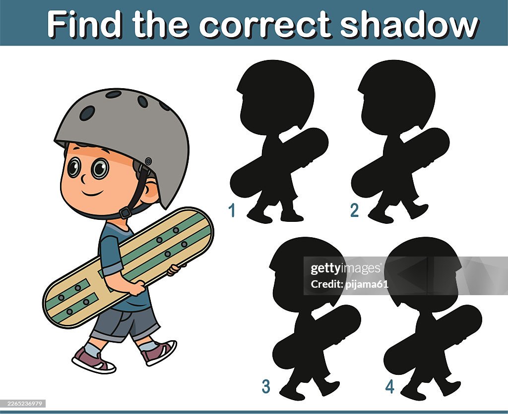 Vector Illustration Find the correct shadow game for kids. Skater boy.
