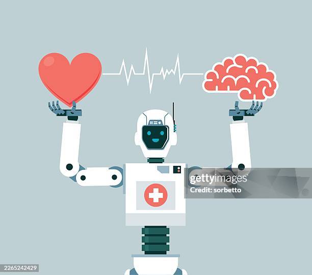 human heart and brain connection - ai robot - logical thinking stock illustrations