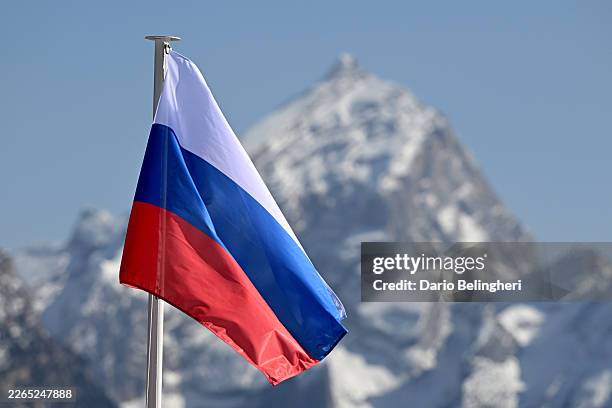 Russian Flag during the Para Alpine Skiing events on day one of the Milano Cortina 2026 Winter Paralympic Games at Tofane Alpine Skiing Centre on...