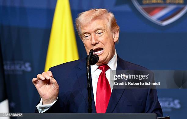 President Donald Trump speaks as he hosts the “The Shield of the Americas Summit ,“ a gathering with heads of state and government officials from 12...