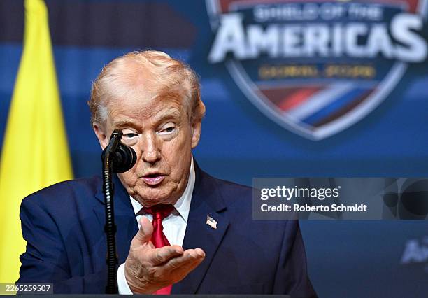President Donald Trump speaks as he hosts the “The Shield of the Americas Summit ,“ a gathering with heads of state and government officials from 12...