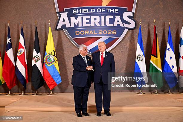 President Donald Trump greets José Raúl Mulino, President of Panama, as he hosts the “The Shield of the Americas Summit ,“ a gathering with heads of...