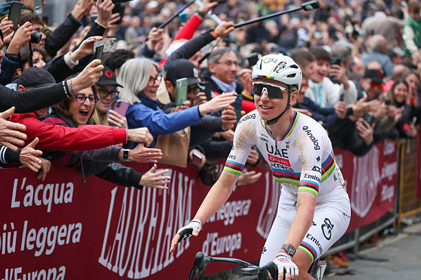 Tadej Pogacar of Slovenia and UAE Team Emirates - XRG celebrates at finish line as race winner during the 20th Strade Bianche 2026 a 203km one day...