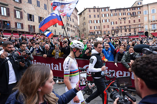 Tadej Pogacar of Slovenia and UAE Team Emirates - XRG celebrates at finish line as race winner during the 20th Strade Bianche 2026 a 203km one day...