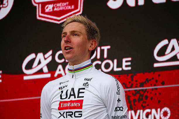 Tadej Pogacar of Slovenia and UAE Team Emirates - XRG celebrates at podium as race winner during the 20th Strade Bianche 2026 a 203km one day race...