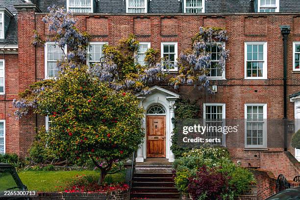 charmantes georgianisches rotes backstein-stadthaus mit holztür und blühendem wisteriagarten im frühling in london, england, großbritannien - englische kultur stock-fotos und bilder