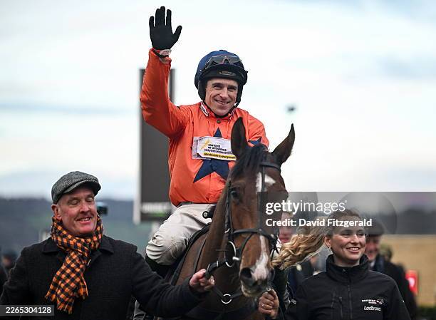 Cheltenham , United Kingdom - 10 March 2026: Jockey Harry Skelton celebrates after winning the Sun Racing Plate Handicap Chase on Madara during day...