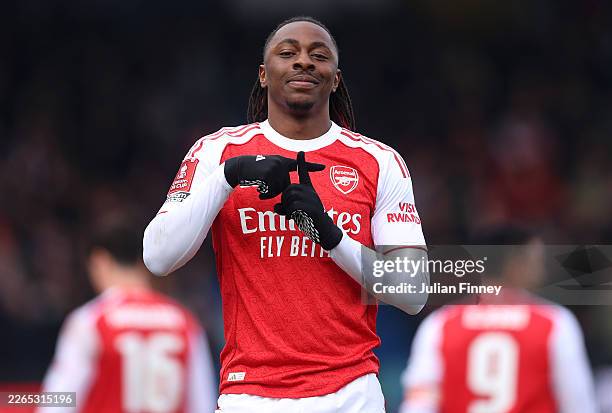 Eberechi Eze of Arsenal celebrates after scoring the second goal to make it 2-1during the Emirates FA Cup Fifth Round match between Mansfield Town...