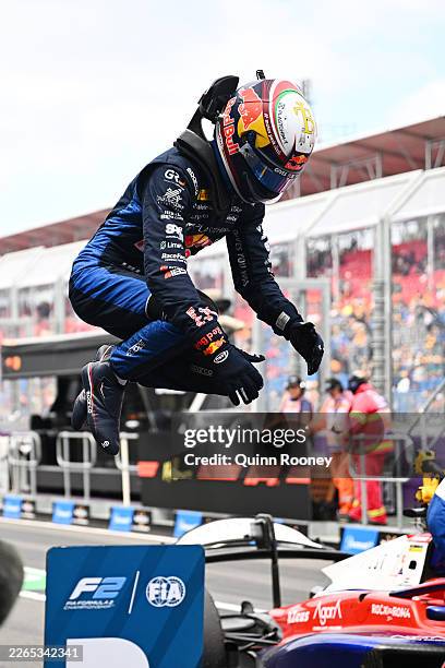 Race winner Nikola Tsolov of Bulgaria and Campos Racing celebrates on arrival in parc ferme during the Round 1 Melbourne Feature race of the Formula...