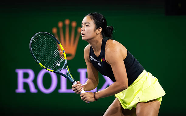 Alexandra Eala of the Philippines in action against Linda Noskova of the Czech Republic in the fourth round on Day 7 of the BNP Paribas Open at...