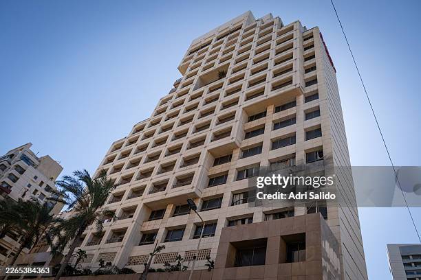 Exterior view of the Ramada hotel apartments that were hit in an attack in which, according to Lebanon's Health Ministry, four people were killed on...