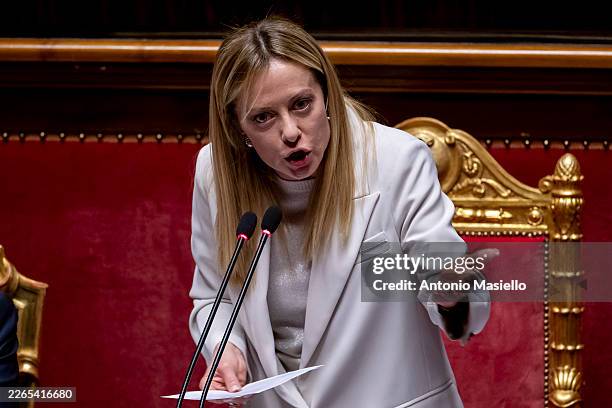 Italian Prime Minister Giorgia Meloni addresses the Senate regarding the conflict in the Middle East between the United States, Israel, and Iran, on...