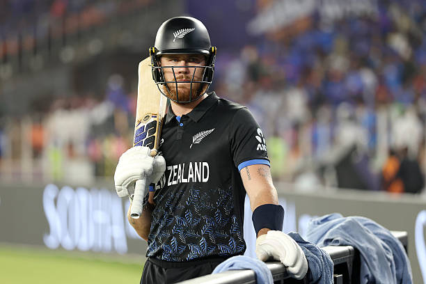Finn Allen of New Zealand looks on as he prepares to bat during the ICC Men's T20 World Cup India & Sri Lanka 2026 Final between India and New...