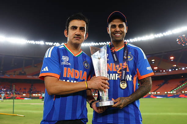 Gautum Gambhir, Head Coach of India and Suryakumar Yadav of India pose with the trophy after victory in the ICC Men's T20 World Cup India & Sri Lanka...