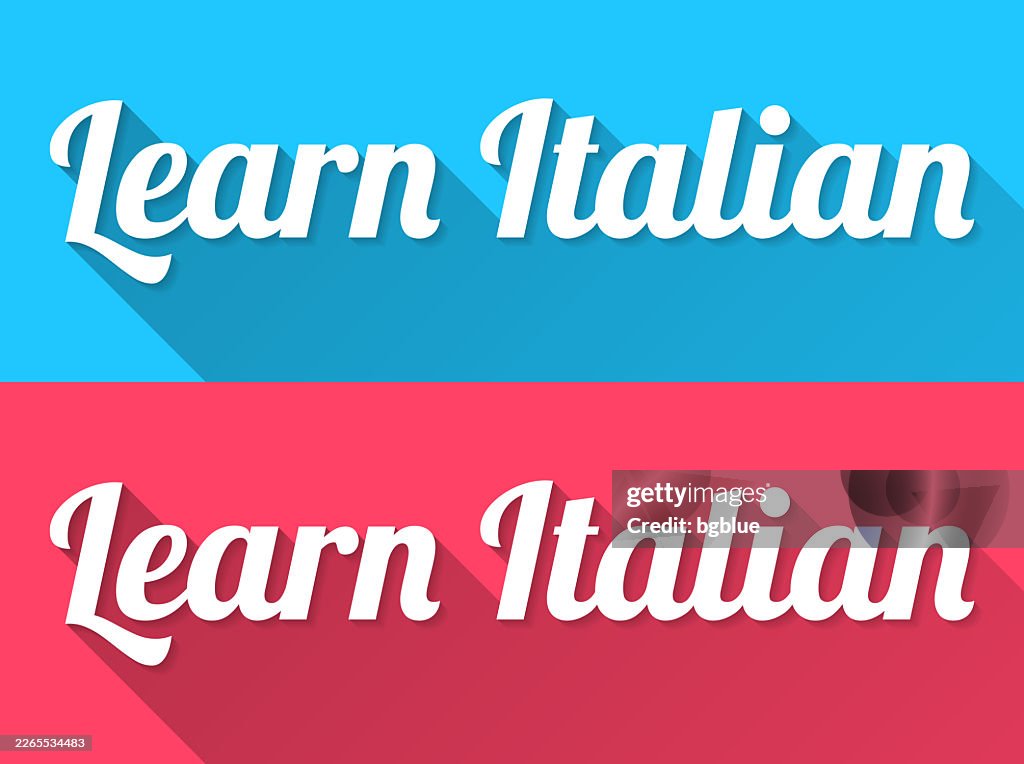 Learn Italian - Flat Design with Long Shadow on blue and red background