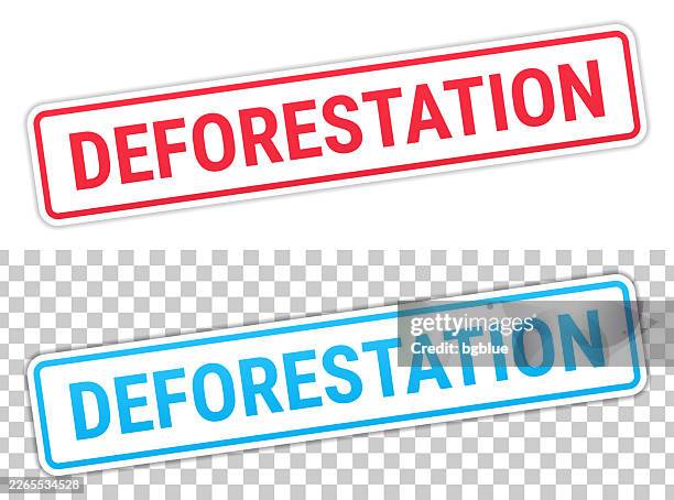 deforestation - red and blue labels on blank background - deforestation stock illustrations