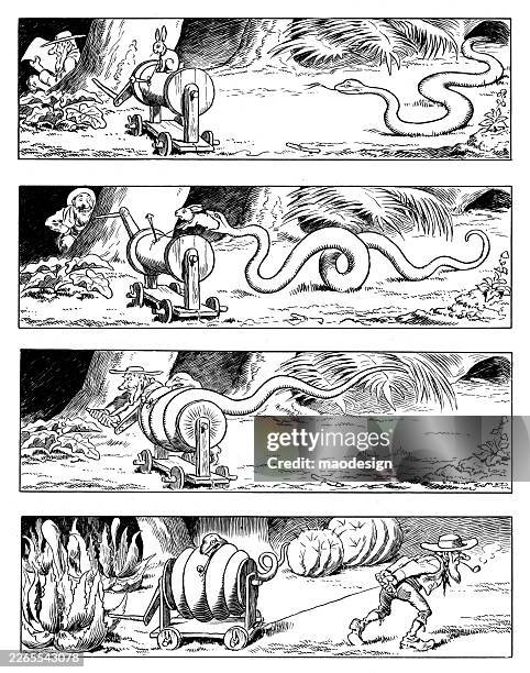 illustrations, cliparts, dessins animés et icônes de le rouleau serpent mécanique. : 1890 bande dessinée de gravure mettant en scène un serpent et une machine à rouler - série séquentielle