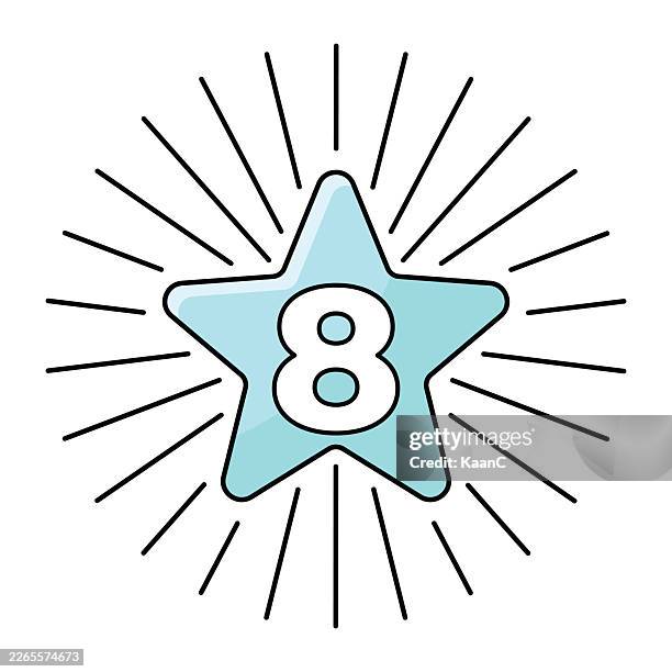 star badge with number 8 and radiating lines symbolizing. editable strokes. sunburst shape. place, ranking, achievement, rating or award. minimal vector icon illustration. - 8 step process stock illustrations