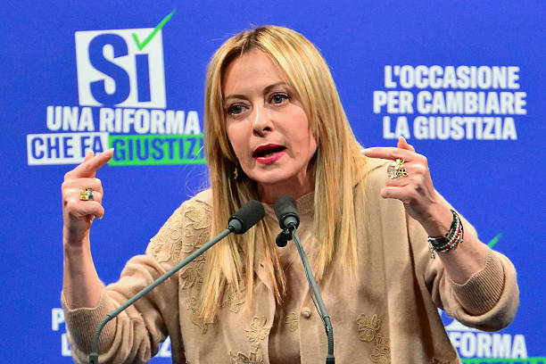 Italy's Prime Minister Giorgia Meloni speaks during a campaign meeting of Italian right wing party Brothers of Italy to support the "Yes" to Justice...
