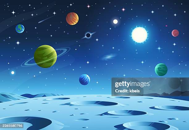 vibrant planets over cratered moon landscape – wide vector art - planet space stock illustrations