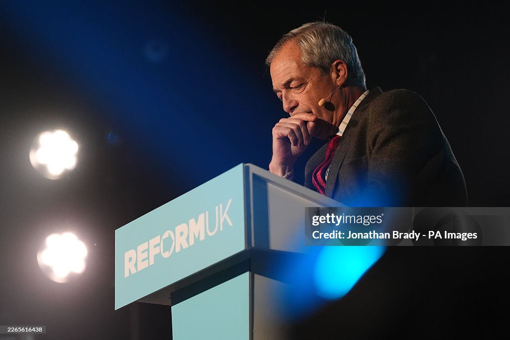 Reform Uk Spring Rally Reform UK leader Nigel Farage speaking on stage during a Reform UK ...