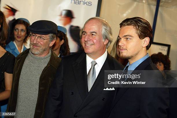 Steven Spielberg, Frank Abagnale and Leonardo DiCaprio at the premiere of "Catch Me If You Can" at the Village Theatre in Westwood, Ca. Monday, Dec....