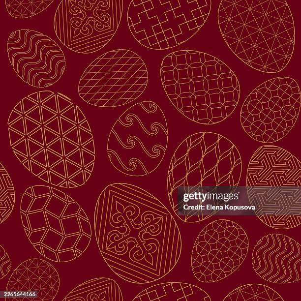 a seamless linear easter pattern with easter eggs richly decorated with a decorative pattern. stylish festive vector seamless background. - easter seamless pattern stock illustrations