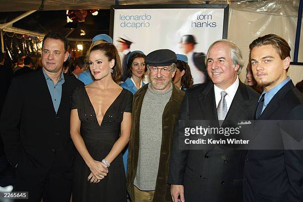 Tom Hanks, Amy Adams, Steven Spielberg, Frank Abagnale and Leonardo DiCaprio at the premiere of "Catch Me If You Can" at the Village Theatre in...