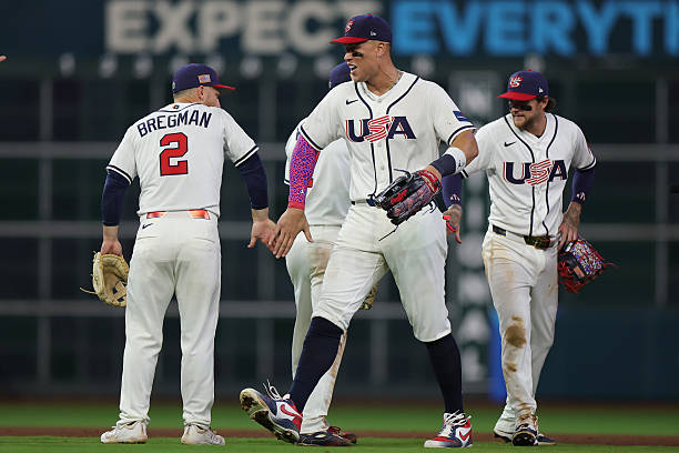 Aaron Judge of Team United States celebrates after defeating Team Mexico during a 2026 World Baseball Classic Pool B game at Daikin Park on March 09,...