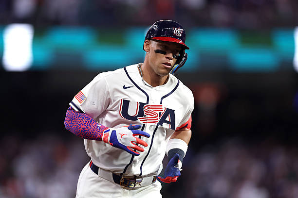Aaron Judge of the United States runs the bases after hitting a home run in the third inning against Mexico during the 2026 World Baseball Classic...