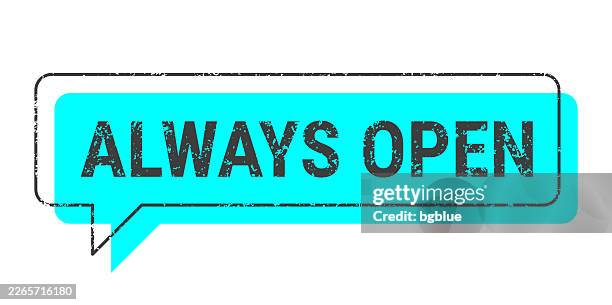 always open - blue grunge speech bubble on blank background. - open box template stock illustrations