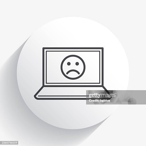 laptop with sad emoji. icon on circle button with long shadow - smiley face badge stock illustrations