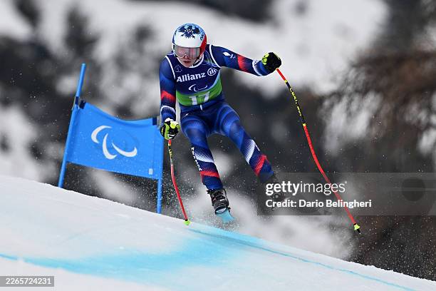 Arthur Bauchet of Team France competes during the Super-G leg of the Para Alpine Skiing Men's Alpine Combined Standing on day four of the Milano...