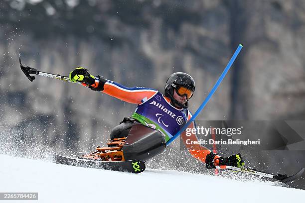 Jeroen Kampschreur of Team Netherlands competes during the Slalom leg of the Para Alpine Skiing Men's Alpine Combined Sitting on day four of the...