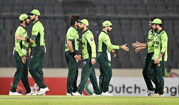 Pakistan's cricketers celebrate after winning the second one-day international cricket match between Bangladesh and Pakistan at Sher-e-Bangla...