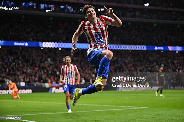 Julian Alvarez of Atletico de Madrid celebrates scoring his team's third goal during the UEFA Champions League 2025/26 Round of 16 First Leg match...