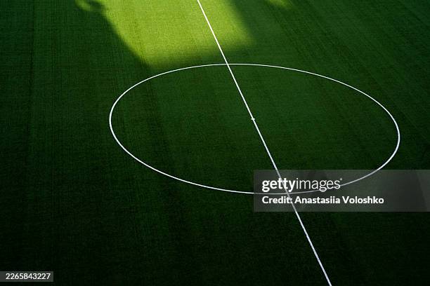 aerial view of soccer field center circle - soccer field stock pictures, royalty-free photos & images