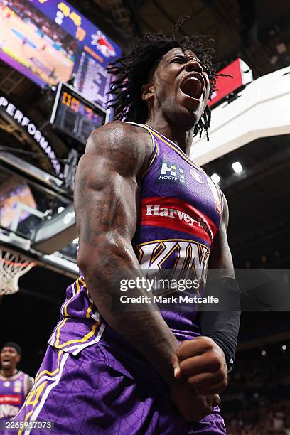 Kendric Davis of the Kings celebrates a basket during game one of the NBL playoff series between Sydney Kings and Perth Wildcatse at Qudos Bank...