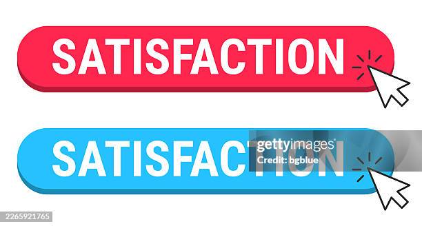 satisfaction - red and blue buttons with cursor on white background - pride logo stock illustrations