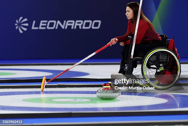 Polina Rozkova of Team Latvia competes during the Wheel Chair Curling Mixed Doubles Bronze Medal Match between Team Latvia and Team United States on...