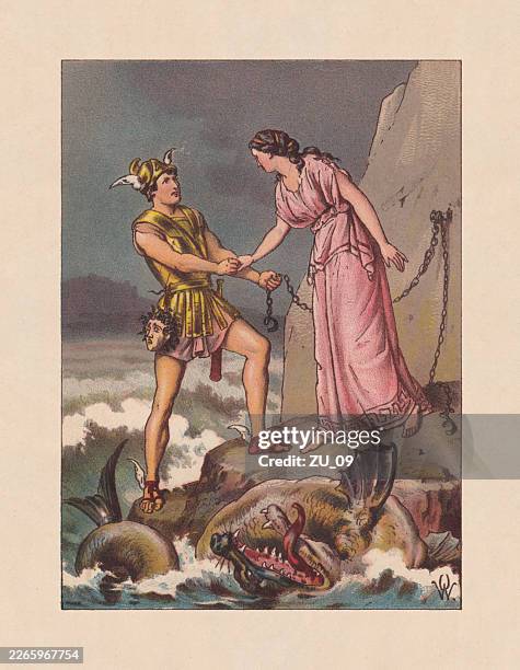 perseus freeing andromeda, greek mythology, chromolithograph, published ca. 1889 - mythological character stock illustrations
