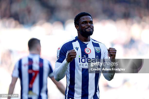 Josh Maja of West Bromwich Albion celebrates after scoring the opening goal during the Sky Bet Championship match between West Bromwich Albion and...