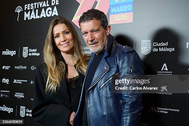 Antonio Banderas and Nicole Kimpel attend the 'Competencia Oficial' premiere during the Malaga Film Festival 2026 at the Echegary Theater on March...